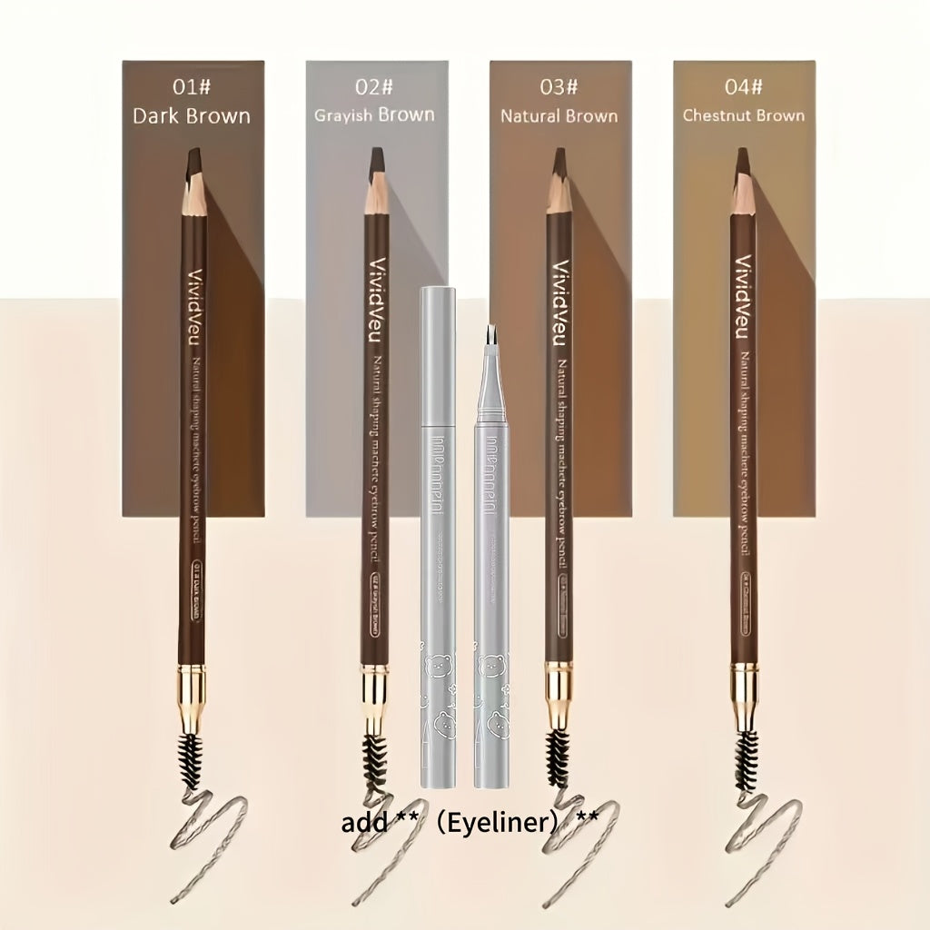 Microblading Effect Brow Pencil 4-Pack with Eyeliner – Waterproof Smudge-Proof Dual-Ended Eyebrow Pen with Spoolie Brush, Natural Hair Stroke Long-Lasting Formula for All Skin Types Women