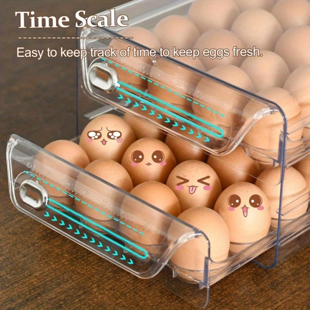 Egg Storage Box for Refrigerator 40 Eggs - Transparent Double-Layer Drawer Style Egg Container, Fresh-Keeping Stackable Egg Holder for Fridge, Kitchen Egg Organizer with Lid