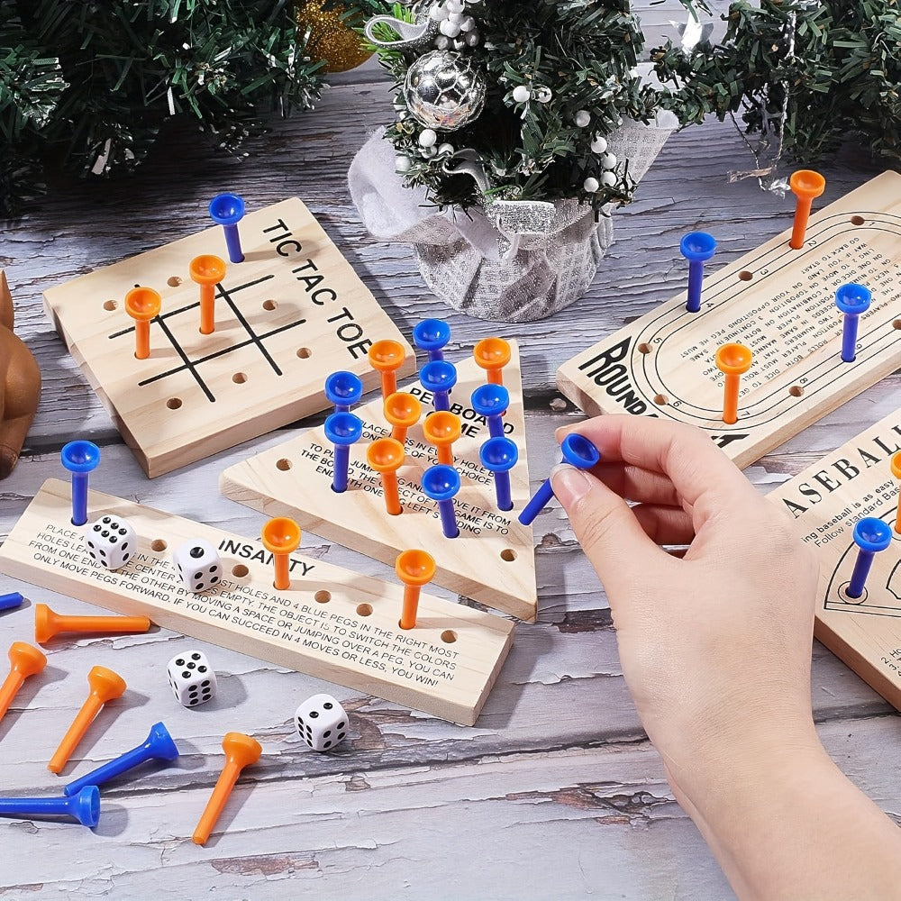 Wooden Board Game Set 5-in-1 – Luban Lock Puzzle Brain Games with Peg Board, Dice & Plastic Pieces, Classic Family Strategy Games Kit for Kids Adults, Educational STEM Toy Gift