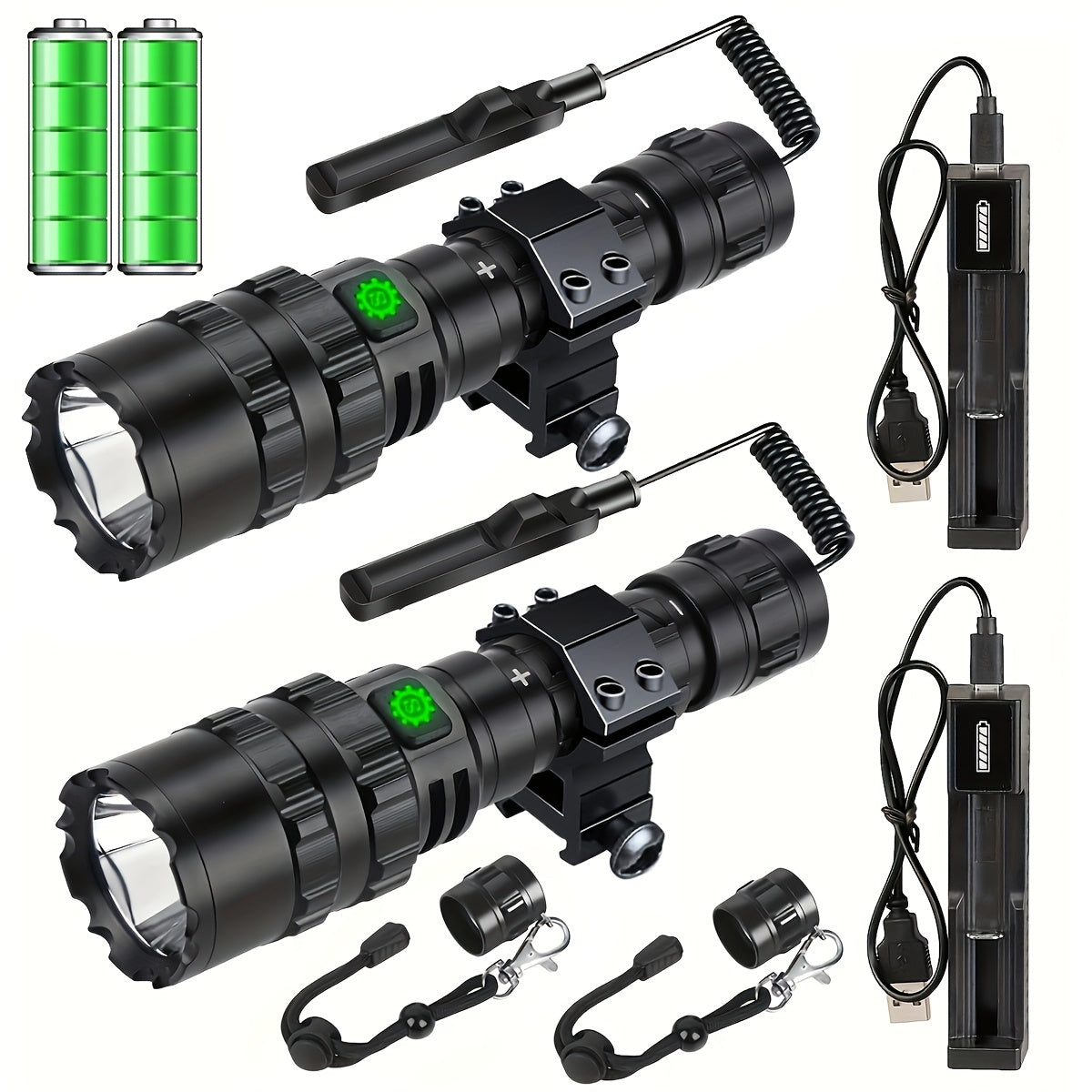 Picatinny Rail Flashlight 2 Pack - High Lumen Tactical Torch, 5 Modes, USB Rechargeable, 20mm Rail Mount, Wrist Strap & Remote Switch Included for Hunting, Shooting & Outdoor Use