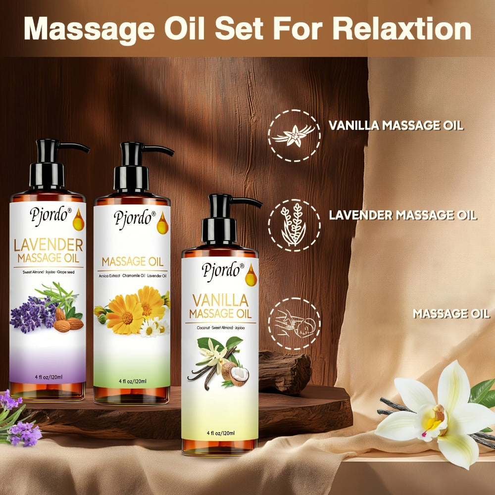 Massage Oil Set 3pcs Roller Ball – Vanilla Arnica & Lavender Essential Oils Moisturizing Body Massage Kit for Couples Date Night Relaxation Muscle Relief Unisex 4.06oz