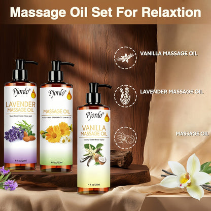 Massage Oil Set 3pcs Roller Ball – Vanilla Arnica & Lavender Essential Oils Moisturizing Body Massage Kit for Couples Date Night Relaxation Muscle Relief Unisex 4.06oz
