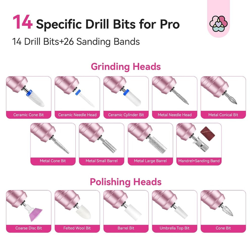 Electric Nail Drill 40000 RPM Rechargeable Professional Nail Drill Machine 4000mAh Battery LCD Display Ceramic Bits Sanding Bands for Acrylic Gel Nails Salon Home Use