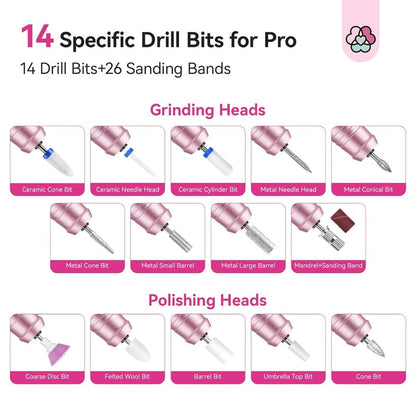 Electric Nail Drill 40000 RPM Rechargeable Professional Nail Drill Machine 4000mAh Battery LCD Display Ceramic Bits Sanding Bands for Acrylic Gel Nails Salon Home Use