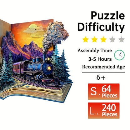 Wooden Jigsaw Puzzle for Adults Galloping Train – 3D Vision Effect Unique Shape Pieces, Book-Style Display, Mountain Sunset Art, Unique Birthday Christmas Holiday Gift for Train Lovers & Puzzle Enthusiasts (S & L Sizes)