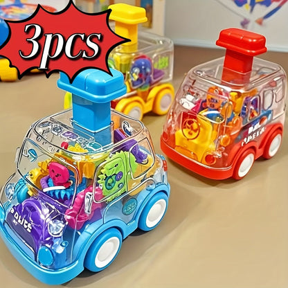 Gear Toy Cars for Toddlers 3-Pack, Transparent Body See-Through Gear Mechanism Push-and-Go Vehicle Set, Red Yellow Blue Police Cars, Educational STEM Toy for Kids Ages 2-6, Birthday Gift for Boys Girls