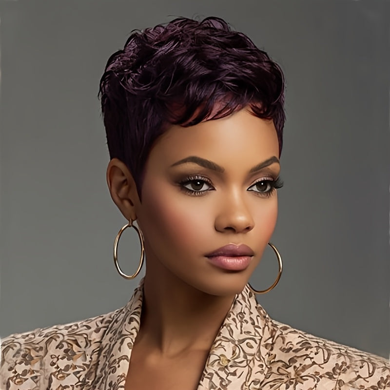 Short Wavy Pixie Cut Wig with Bangs Bold Colors Synthetic 4 Inch Heat Resistant for Women | Dark Brown Deep Purple Burgundy | Daily Wear Cosplay Party