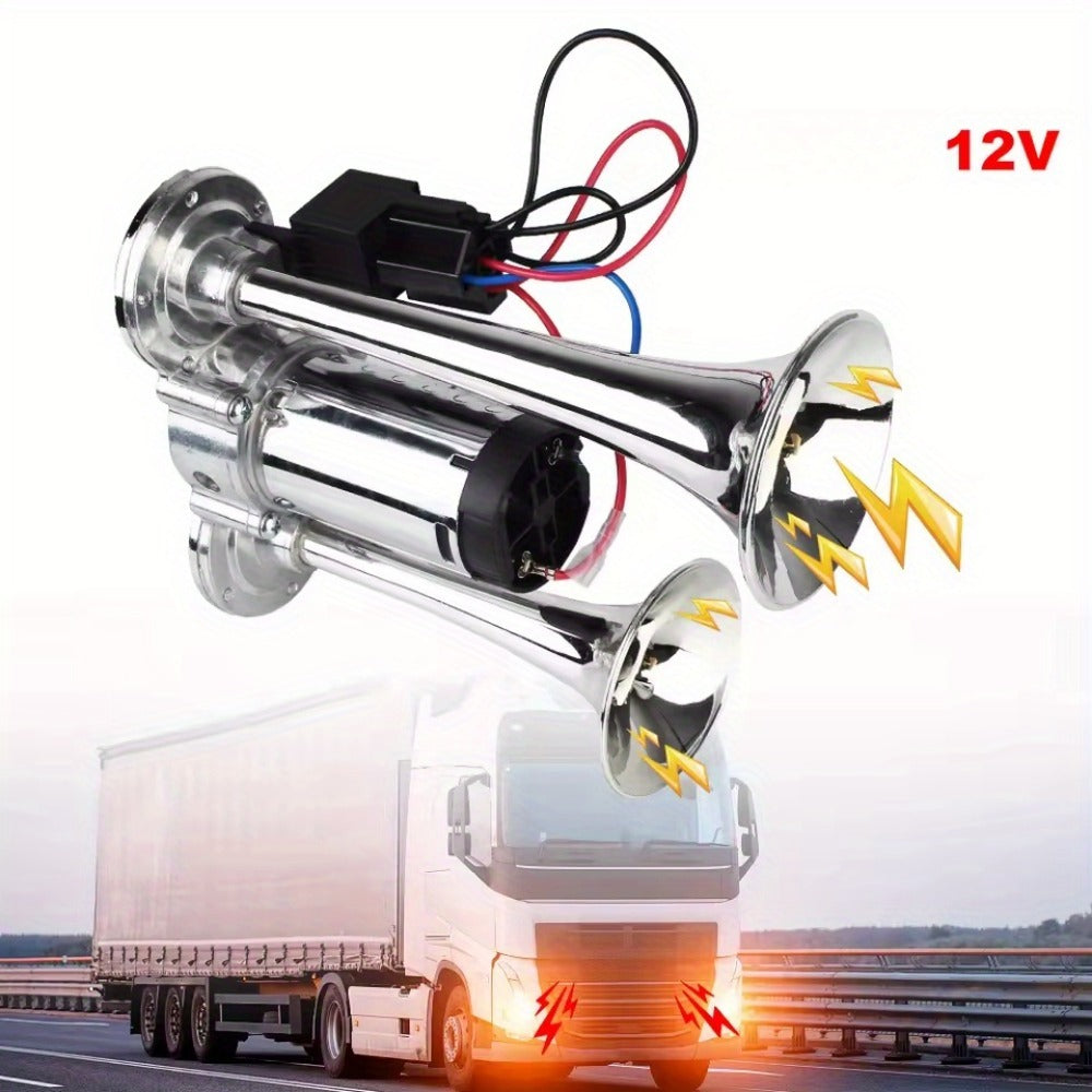 Dual Trumpet Air Horn Kit 12V 110dB – Super Loud Electric Horn with Compressor, Chrome Zinc-Alloy, Universal Fit for Car Truck SUV Boat Train Van Motorcycle Off-Road