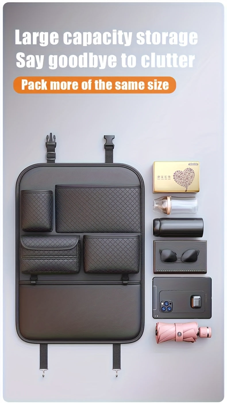 1pc Brand New 2025 Faux Leather Car Seat Back Organizer Bag Featuring a Diamond Design - Multi-Tier Storage for Bottles, Tablets, Laptops, And Additions, Black, Universal | Chic Car Organizer Bag | Faux Leather Car Bag