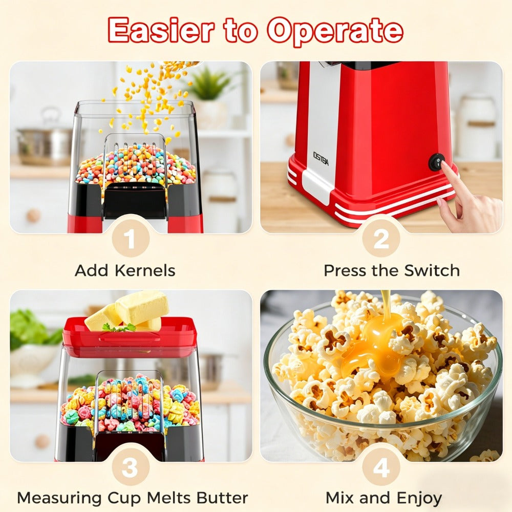 Hot Air Popcorn Popper Maker 16 Cups – Oil-Free Electric Popcorn Machine with Measuring Cup for Kernels & Butter Melting, Healthy Family Snack