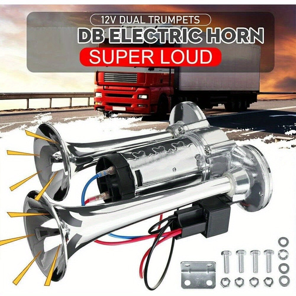 Dual Trumpet Air Horn Kit 12V 110dB – Super Loud Electric Horn with Compressor, Chrome Zinc-Alloy, Universal Fit for Car Truck SUV Boat Train Van Motorcycle Off-Road