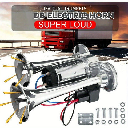 Dual Trumpet Air Horn Kit 12V 110dB – Super Loud Electric Horn with Compressor, Chrome Zinc-Alloy, Universal Fit for Car Truck SUV Boat Train Van Motorcycle Off-Road