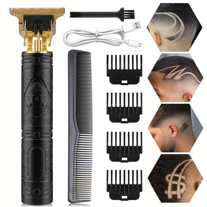 T-Blade Hair Trimmer for Men - Retro Electric Clipper, USB Rechargeable 1000mAh, 240-Min Runtime, 4 Guide Combs, Dragon & Buddha Designs, Black Bronze Blue Purple