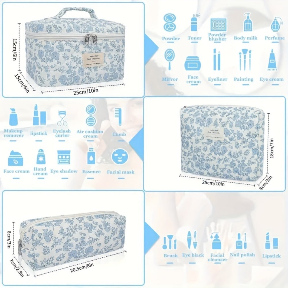 Quilted Makeup Bag Set 3 Pcs Floral Pattern Large Capacity Travel Cosmetic Organizer with Gold Zipper — Polyester Skincare Toiletry Pouch Blue Pink Peacock for Women