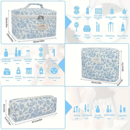 Quilted Makeup Bag Set 3 Pcs Floral Pattern Large Capacity Travel Cosmetic Organizer with Gold Zipper — Polyester Skincare Toiletry Pouch Blue Pink Peacock for Women