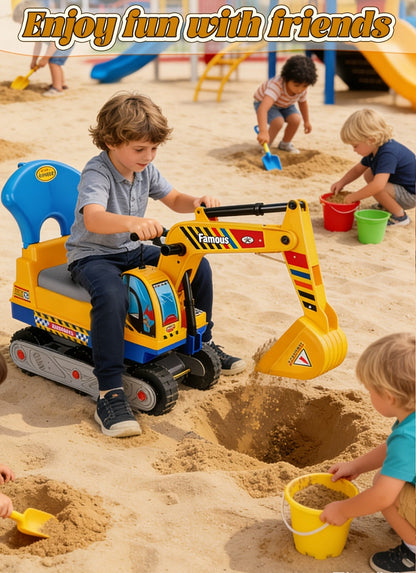Ride-On Excavator Toy for Kids with Manual Digging Arm – Sit-In Construction Vehicle Scooter for Boys Girls Ages 3+ Outdoor Sandbox Digger Birthday Gift Supports up to 52.7 lbs
