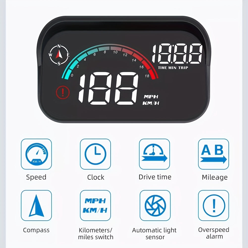 Digital Head Up Display, Windshield Speedometer Projector with Compass, Overspeed Alarm, Mileage Per Trip, Auto Brightness, Compass Direction, HUD Speed Meter Gadgets for Car for All Vehicles, USB Cable Plug & Play