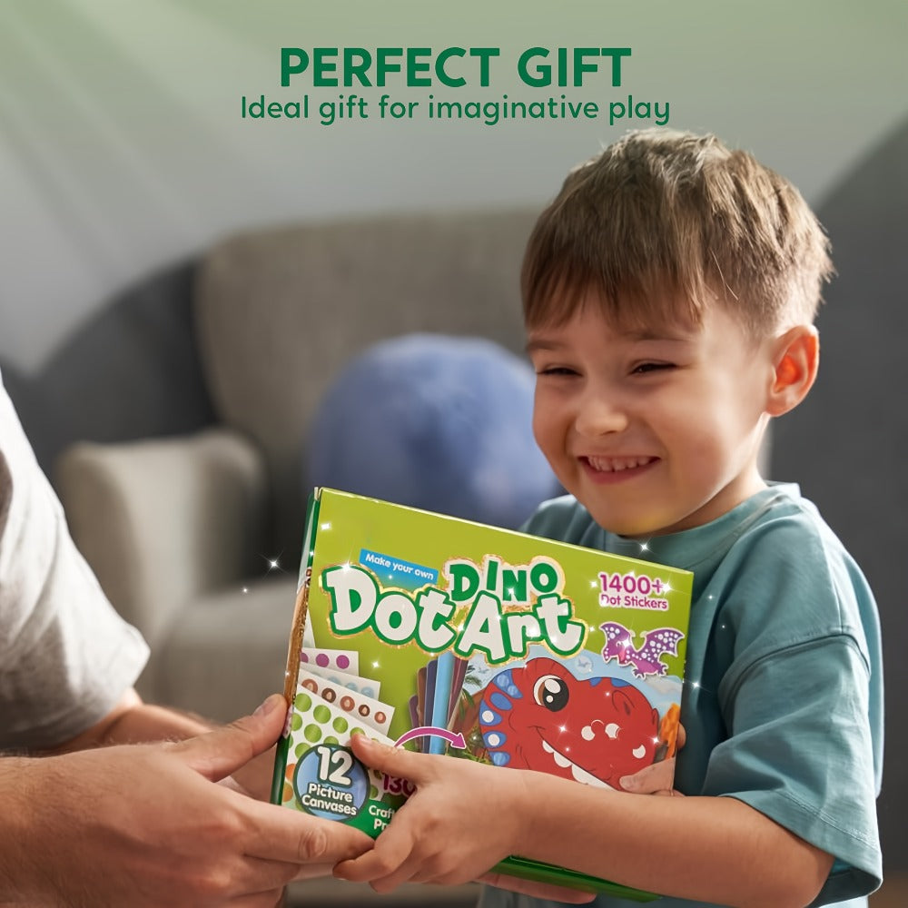 Dinosaur Dot Sticker Art Kit for Kids – 12 Picture Canvases & 1400+ Dot Stickers No Mess Creative Activity, Travel Toy Arts Crafts Birthday Gift Boys Girls Ages 3-8