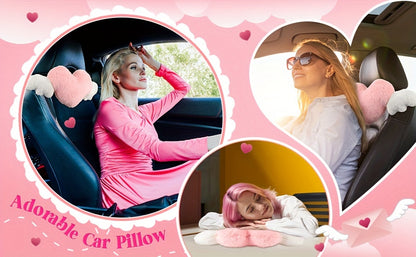 Car Headrest Neck Pillow Heart Shape with Angel Wings – Cute Plush Lumbar Cushion & Seat Back Pillow, Car Interior Decor Accessory, Gift for Women