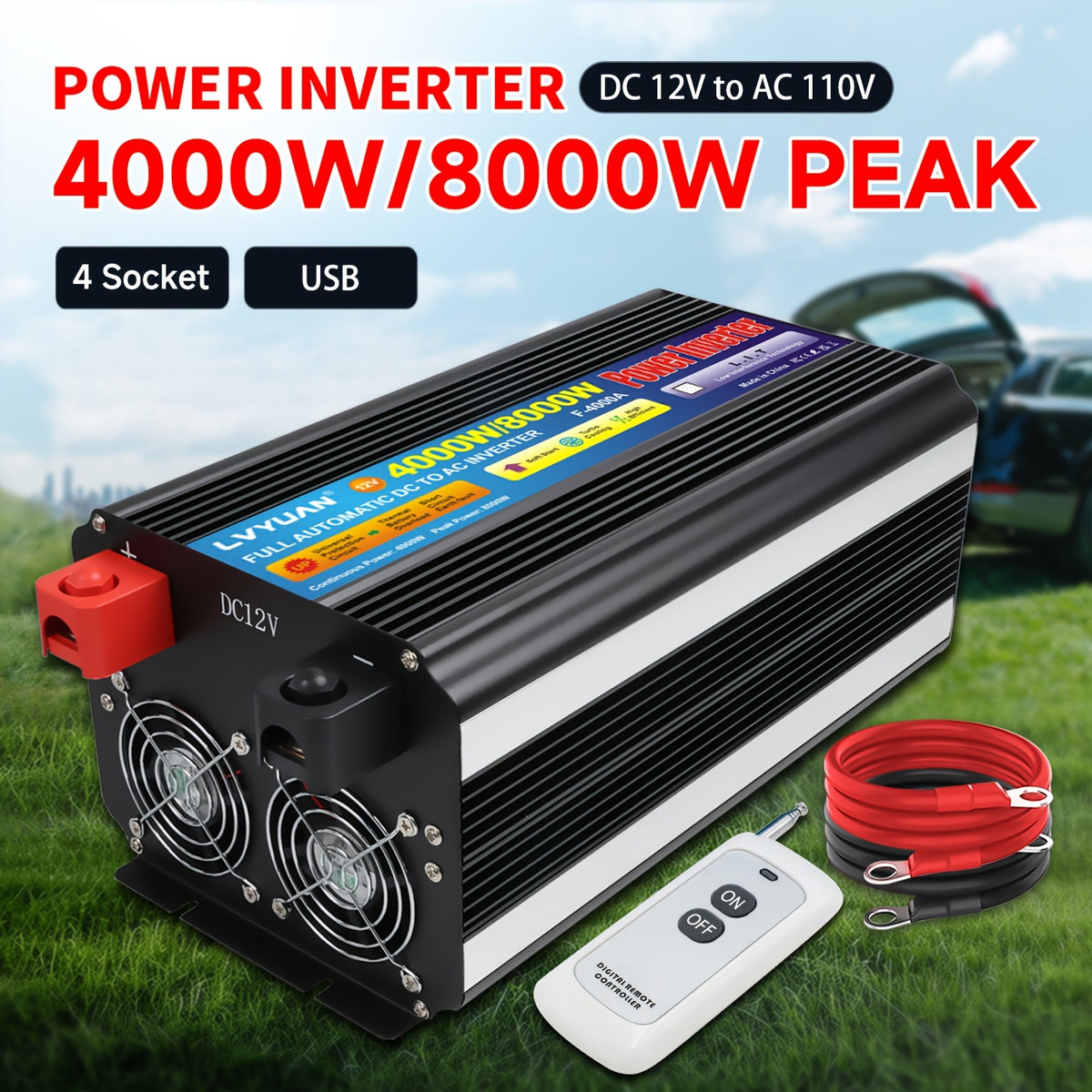 LVYUAN Car Power Inverter 600W/4000 Watt 12V To 110V With 4 AC Outlets, LCD Display, Wireless Remote Control, Car Power Inverter For Car, RV, Truck, Off Grid Solar System, Camping 24V Car Accessories, Without Battery