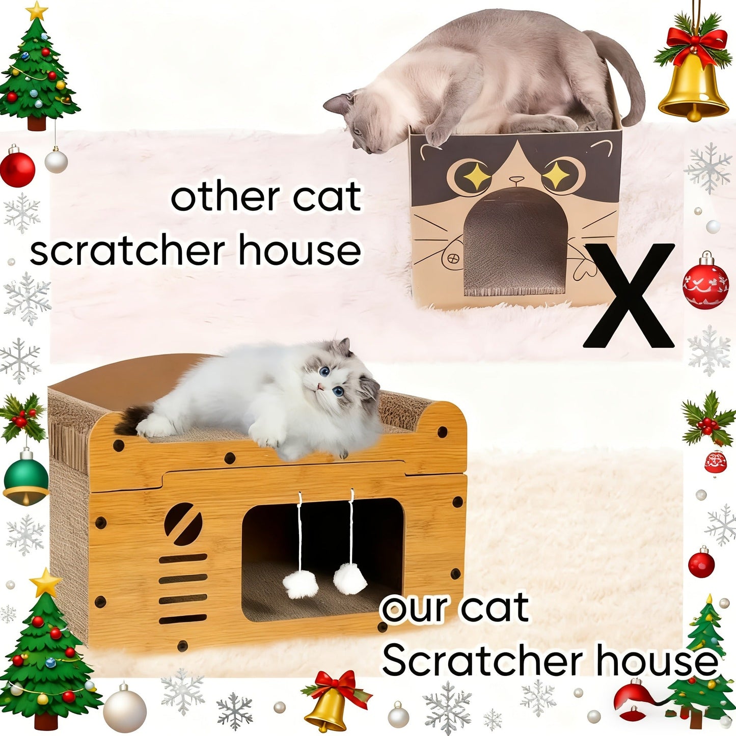 Large Cat House with Scratcher Pad & Plush Ball Toys, Ventilated Multi-Functional Indoor Outdoor Cat Shelter, Easy Assembly Single Door Double Door Luxury Double-Layer Cat Condo, Festival Gift