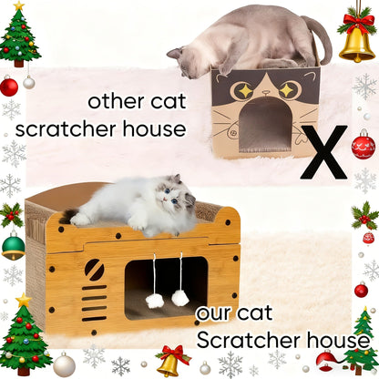 Large Cat House with Scratcher Pad & Plush Ball Toys, Ventilated Multi-Functional Indoor Outdoor Cat Shelter, Easy Assembly Single Door Double Door Luxury Double-Layer Cat Condo, Festival Gift
