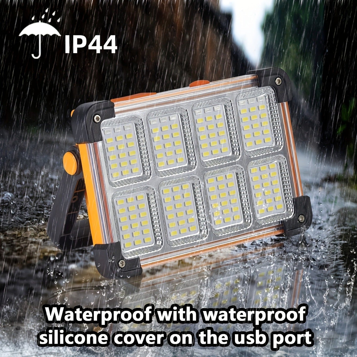 Solar Rechargeable LED Floodlight Flashlight, IP44 Waterproof 4500 Lumens Ultra-Bright Portable Camp Light, USB & Solar Dual Charging 2200mAh, 4 Modes Indoor Outdoor Lighting for Camping, Fishing & Car Maintenance