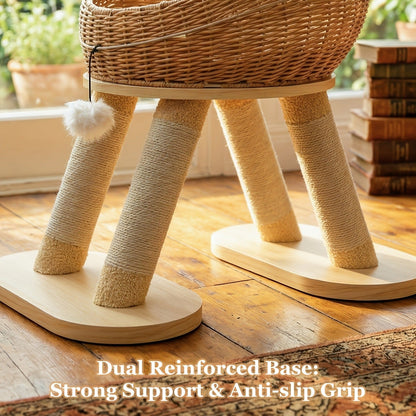 Dinosaur Cat Tree Tower 46 Inch – Large Rattan Cat House with 4 Sisal Scratching Posts, Wicker Bed & Removable Mat, Multi-Level Platform for Large Indoor Cats, Maine Coon Friendly, Brown