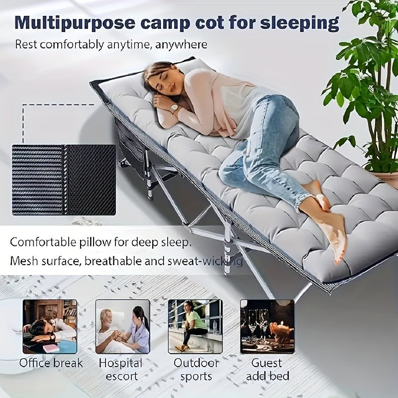 Camping Cot 74 Inch Heavy Duty Folding Bed – Portable Foldable Sleeping Cot with Double-Sided Plaid Mattress & Carry Bag, Outdoor Lounger for Sports Field, Backyard & Guest Use (74x30 in)