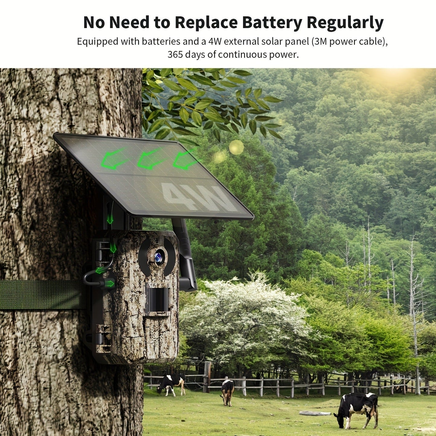 Solar Powered Trail Camera 4K Cellular - 4G LTE No WiFi, 0.2s Trigger, 82ft Night Vision, 120° Wide Angle, Built-in SIM Card for Hunting & Wildlife