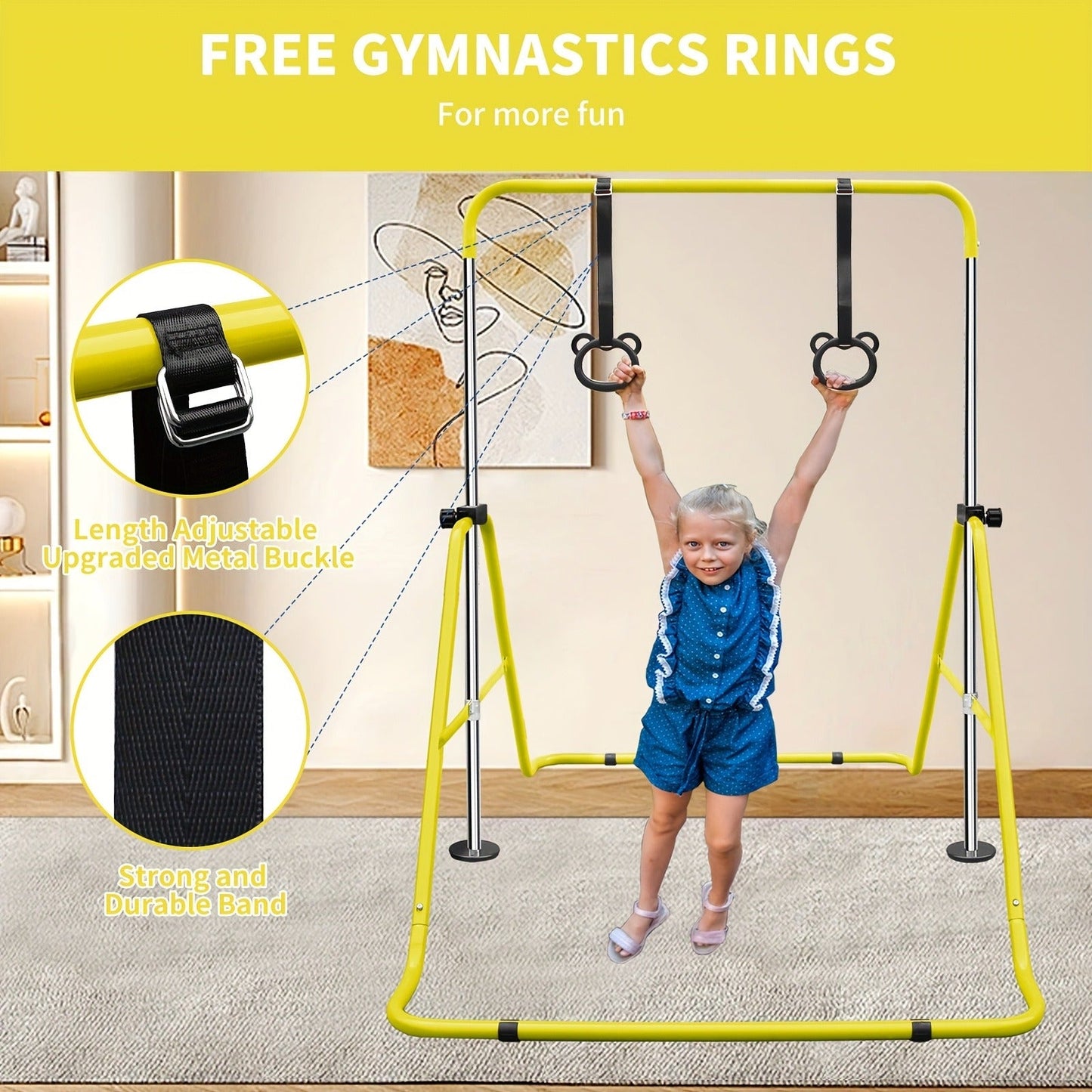 Adjustable Gymnastics Pull-Up Bar for Kids & Teenagers – Height Adjustable Horizontal Bar for Indoor Outdoor Home Use, Strength Training & Fitness Exercise Equipment, Green & Yellow