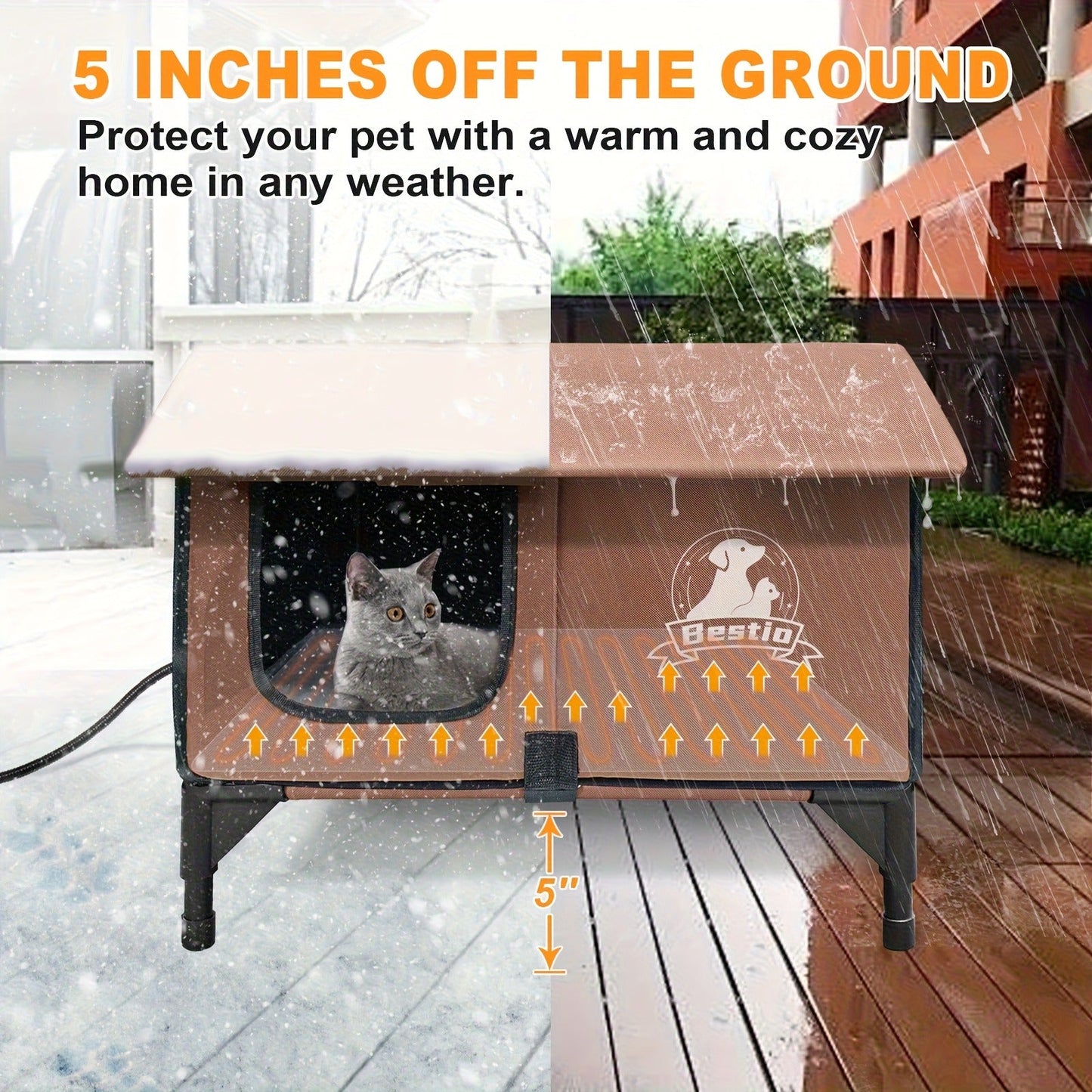 Heated Cat House 3-in-1 with Removable Warming Pad, Elevated Cat Bed for Indoor & Outdoor Cats, Chew-Resistant Cord, Double Door Cat Cave, All-Season Cat Shelter & Condo