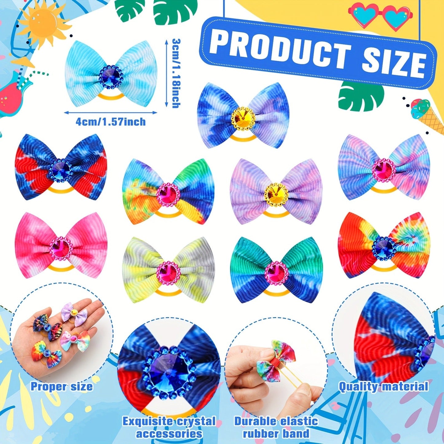 Dog Hair Bows 100 Pack Tie Dye Rhinestone Puppy Grooming Accessories with Rubber Bands – Colorful Spring Dog Topknot Bows for Small Dogs, Cats & Grooming Salons, Bulk Hair Bow Set