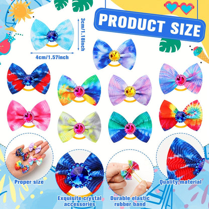 Dog Hair Bows 100 Pack Tie Dye Rhinestone Puppy Grooming Accessories with Rubber Bands – Colorful Spring Dog Topknot Bows for Small Dogs, Cats & Grooming Salons, Bulk Hair Bow Set