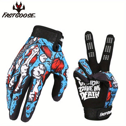 Motocross Gloves Touchscreen Full Finger - Breathable Riding Gloves with Print Design, Adjustable Wrist Closure, Road Racing & Cycling Protection (Blue/Yellow, M-XL)