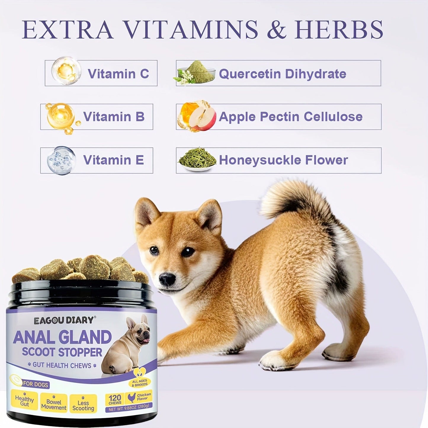 Dog Anal Gland Support Chews 120ct – Fiber Supplement for Scooting Relief with Pumpkin, Psyllium Husk, Probiotics & Dandelion – Digestive & Gut Health Soft Chews for All Breeds & Ages