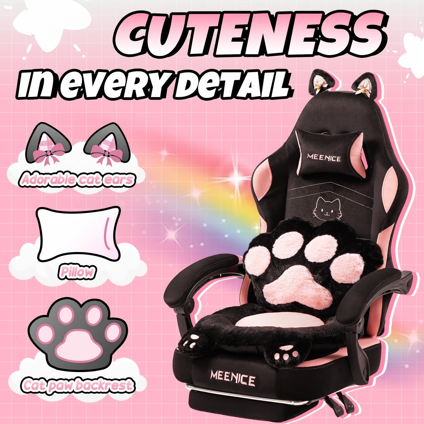 Cat Ear Gaming Chair Ergonomic Reclining Computer Chair with Footrest Paw Lumbar Cushion Wingback PC Game Chair for Girls Adults 300LBS Pink Black Blue