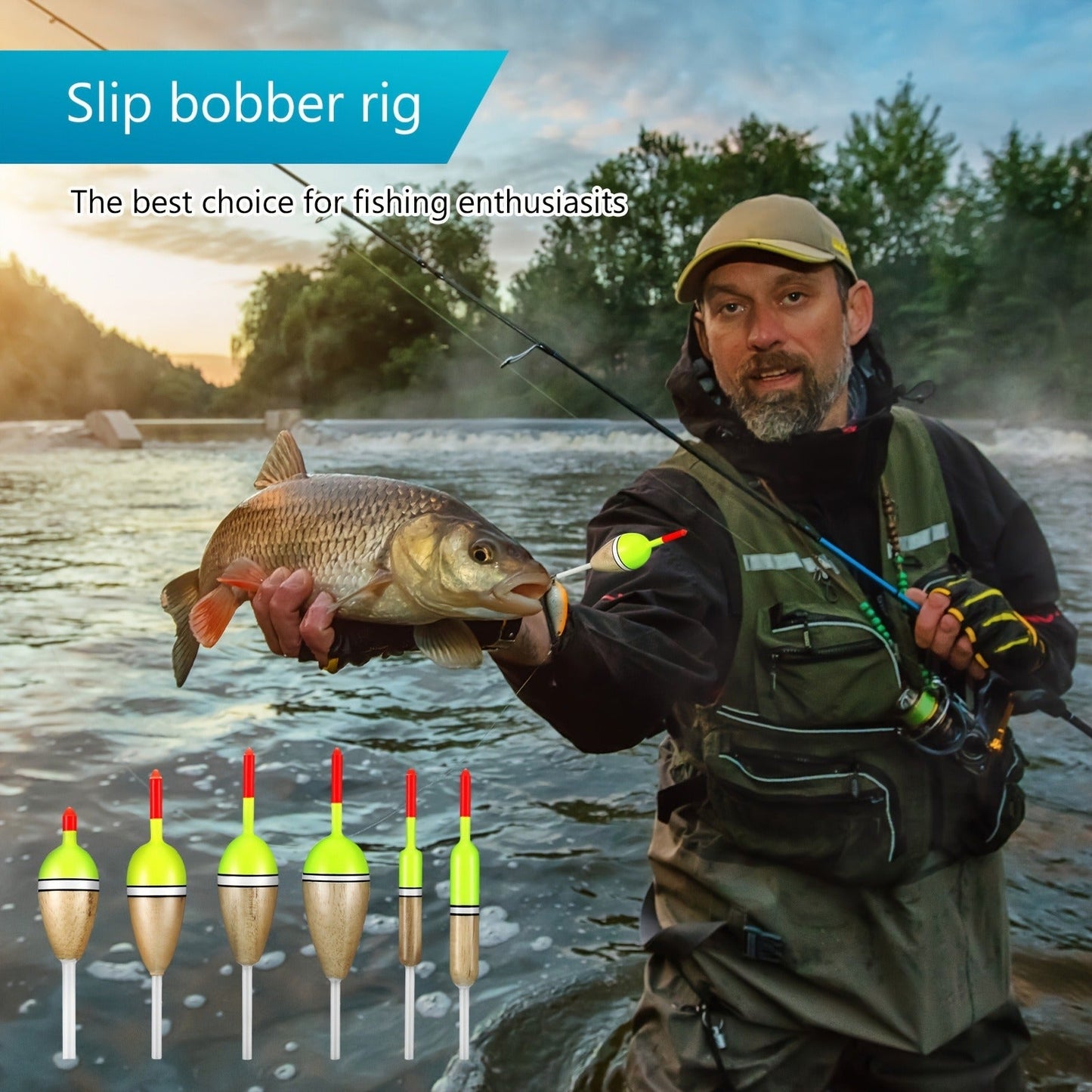 Wooden Fishing Floats 12-Pack – 6 Sizes Slip Bobber Set for Crappie, Bluegill, Trout, Bass, Panfish, Catfish & Walleye | Freshwater Fishing Gear Accessories