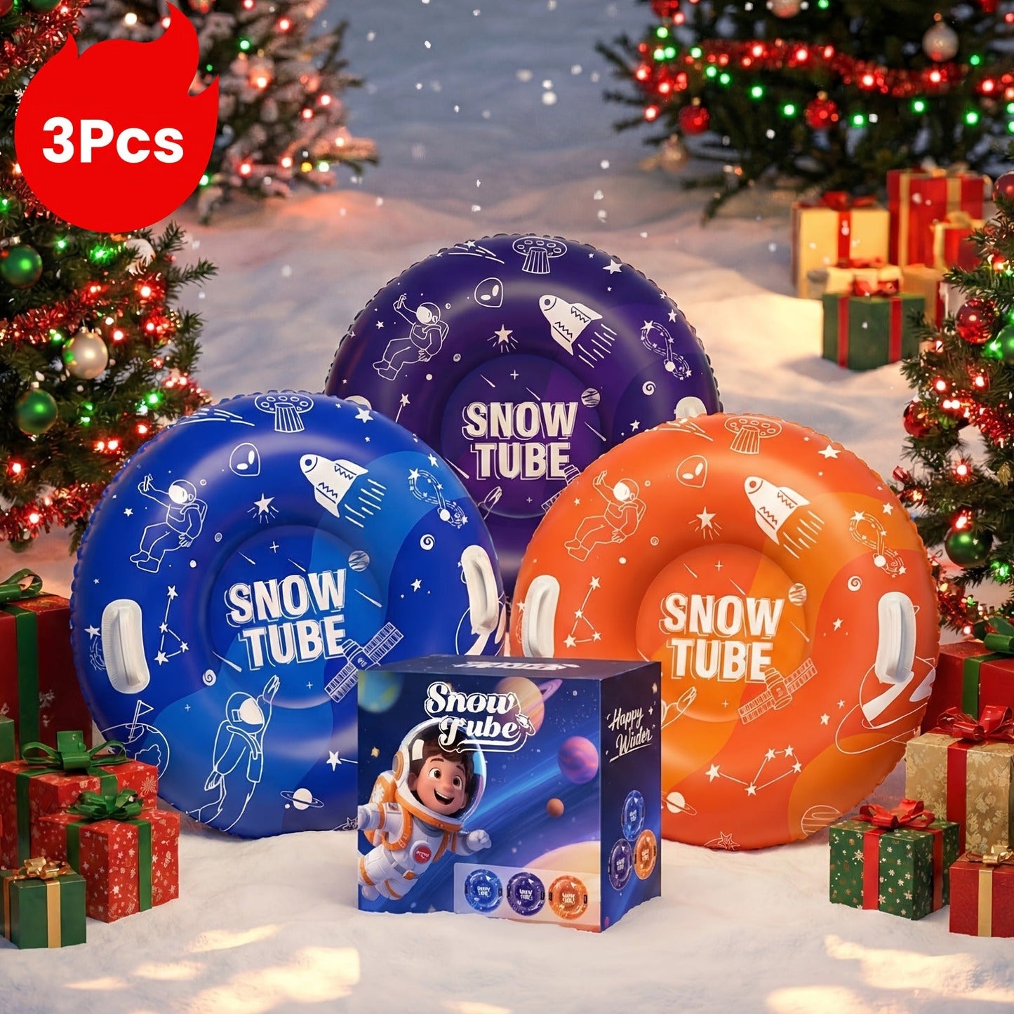 Snow Sled Tubes 3-Pack Foldable Inflatable – Triple-Layer PVC Snow Tubes 36 & 40 Inch, 220 lbs Capacity, 3-Layer Airlock Valve, Non-Slip Thickened Base & Embossed Handles for Ski Resort & Outdoor Winter Fun