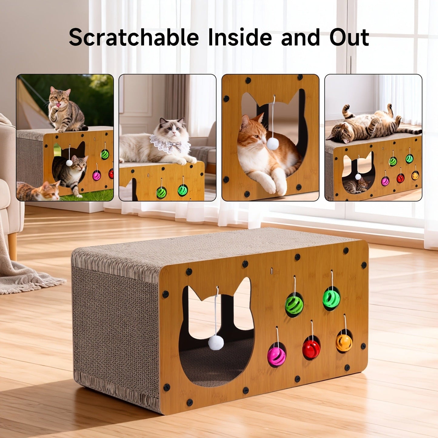 Cat Scratching Board with Interactive Rolling Ball – Multifunctional Cat Furniture for Scratching Playing & Resting, Sturdy Breathable Design, Perfect Cat Toy Gift for Indoor Cats