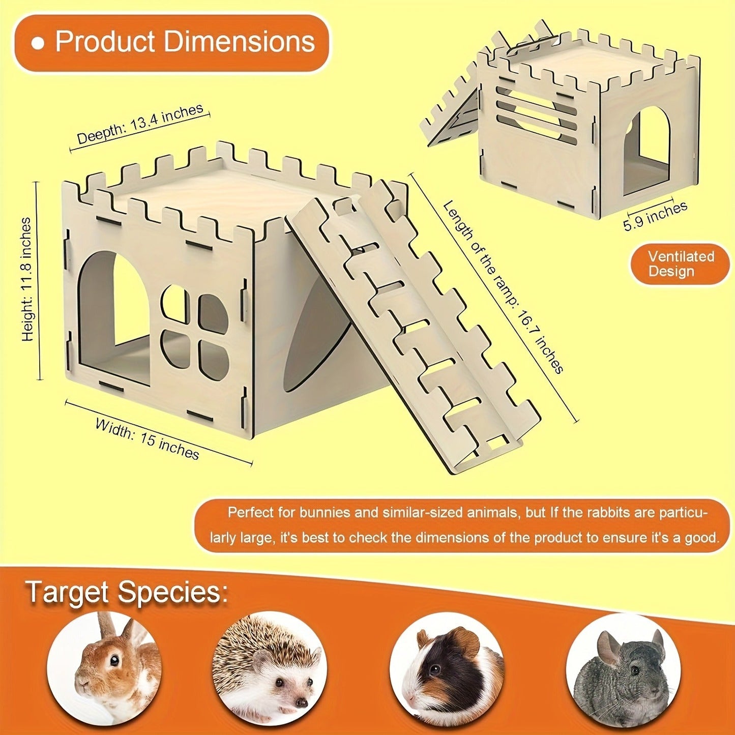 Wooden Rabbit Castle House – Detachable Solid Wood Hideout for Rabbits, Hamsters & Small Pets | Creative Splicing Toy Nest Playhouse