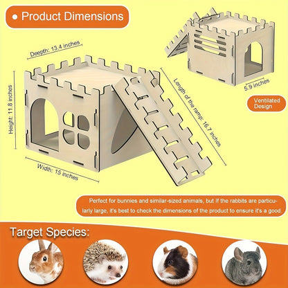 Wooden Rabbit Castle House – Detachable Solid Wood Hideout for Rabbits, Hamsters & Small Pets | Creative Splicing Toy Nest Playhouse