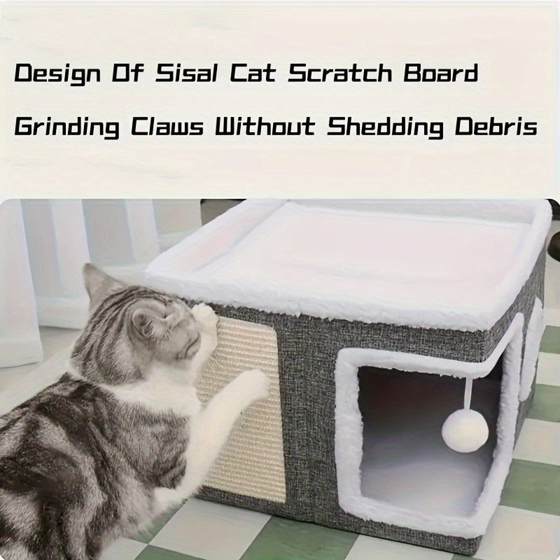 Multi-Tier Cat House & Indoor Cat Cube Bed - Foldable 2-Level Cat Tree with Scratching Post, Toy Tunnel & Plush Hanging Ball, Space-Saving Nylon Canvas Cat Furniture 16.5x16.5x13in for Small Spaces