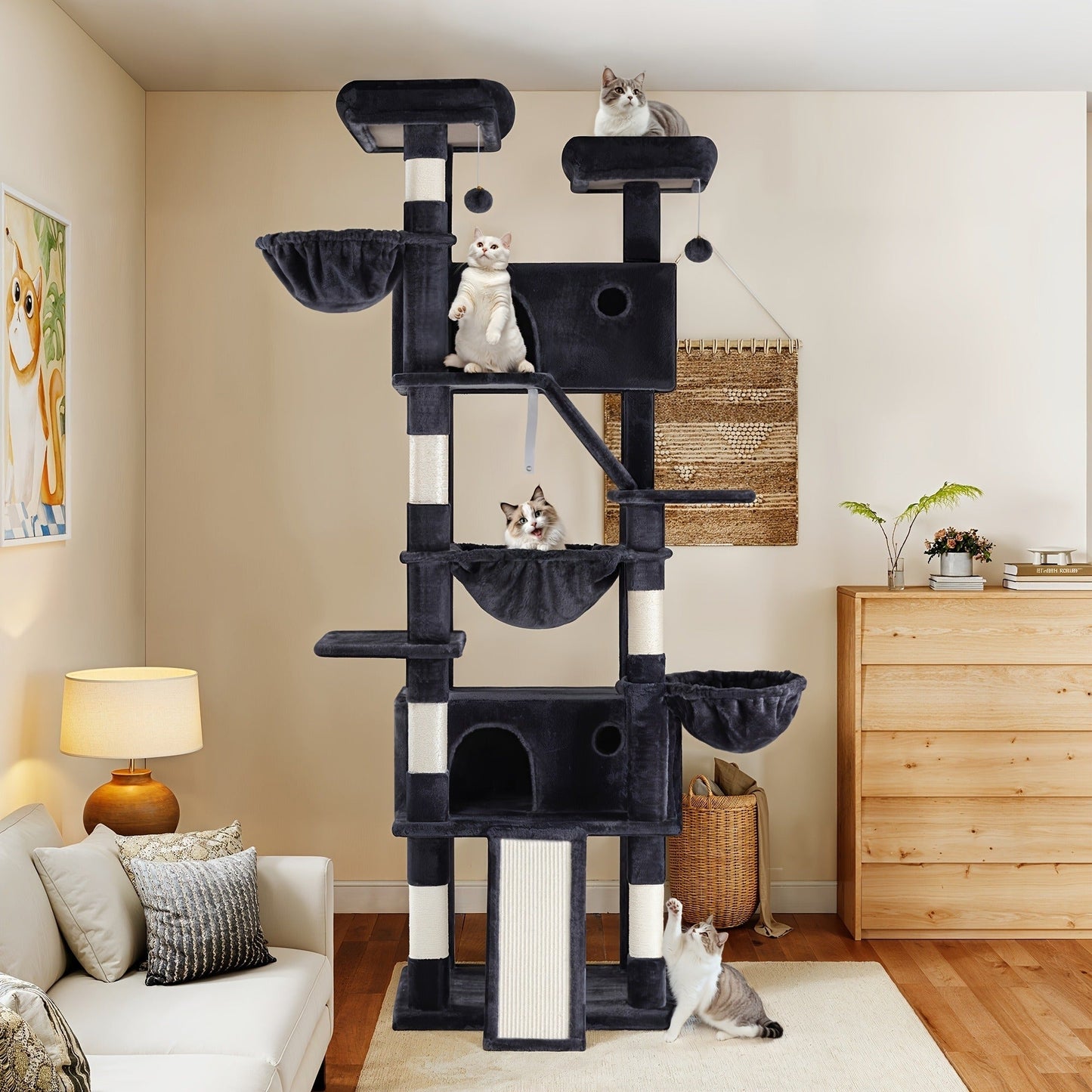 Cat Tree Tower Multi-Level for Indoor Cats - Cat Furniture with Sisal Scratching Posts, Plush Perches, Hammock, Basket & Corner Condo Cave, Hanging Toys & Climbing Ramp, Multiple Sizes & Colors