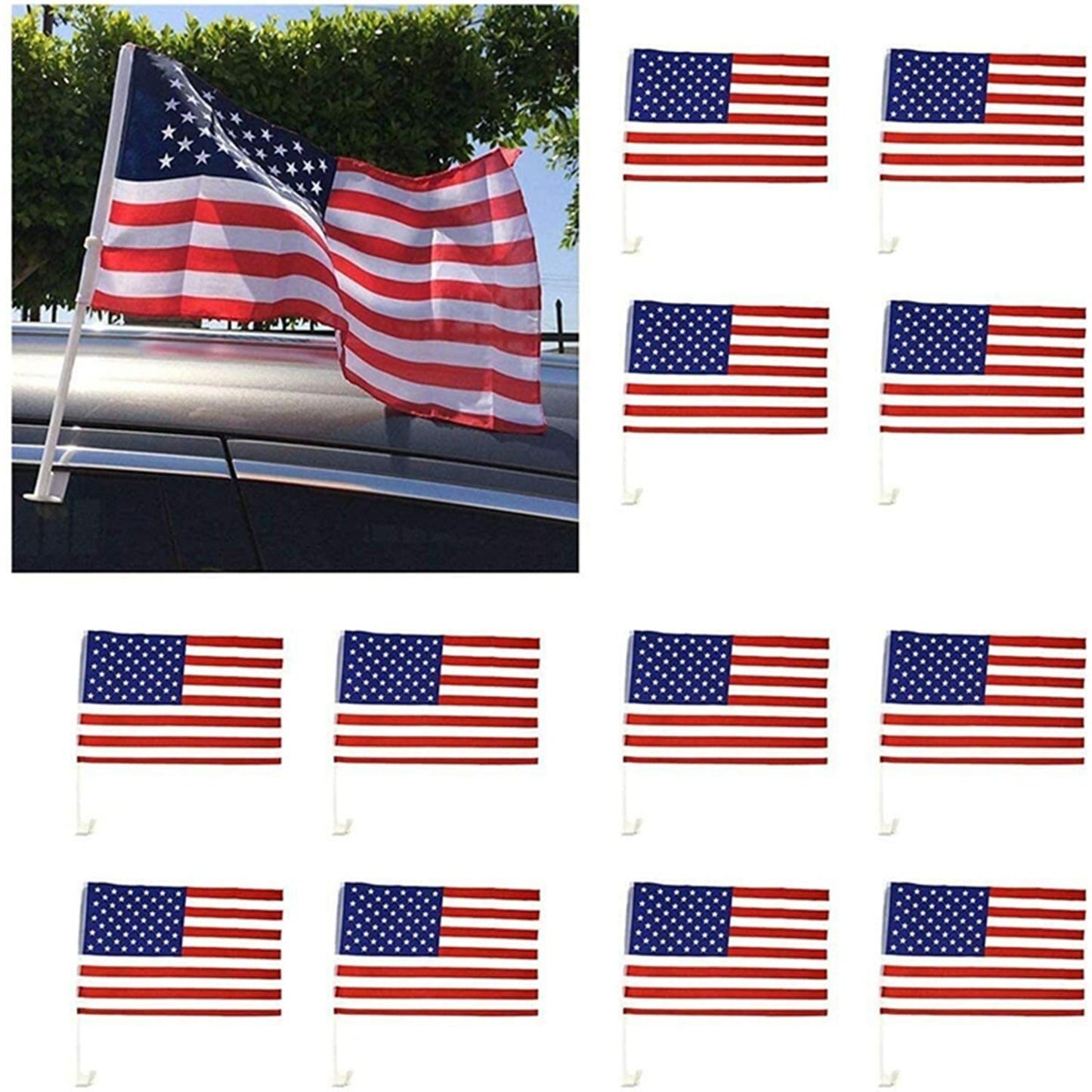 American Flag Car Window Clips 12 Pack USA Patriotic Car Flags 17x12 Inch Double Sided Knitted Polyester Weather Resistant for Parades Funerals Auto Sales Driveways Fourth of July Patriotic Displays