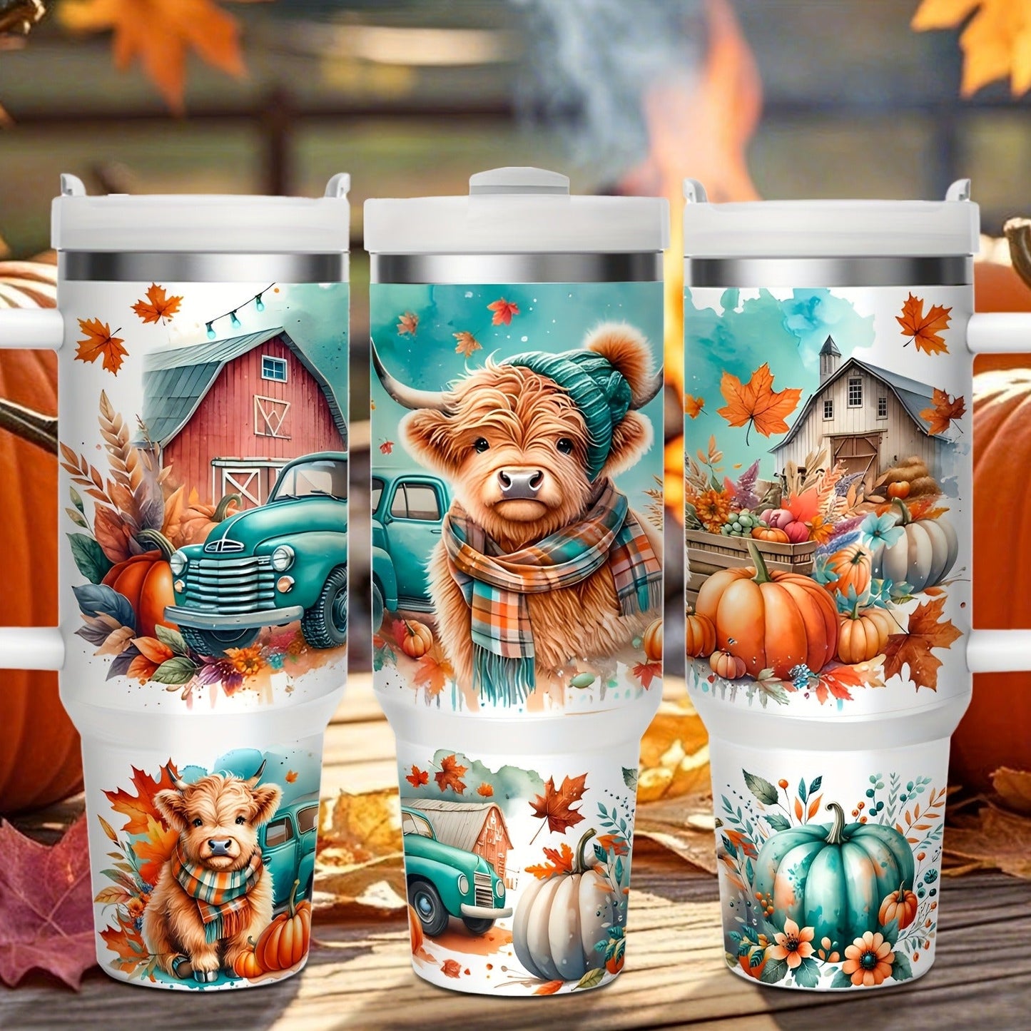 Stainless Steel Insulated Tumbler With Lid and Straw, 40oz & 16oz Highland Cow Thanksgiving Water Bottle With Handle, Keeps Cold 24 Hours Hot 12 Hours, Portable Travel Cup for Car Home Office Birthday Gift