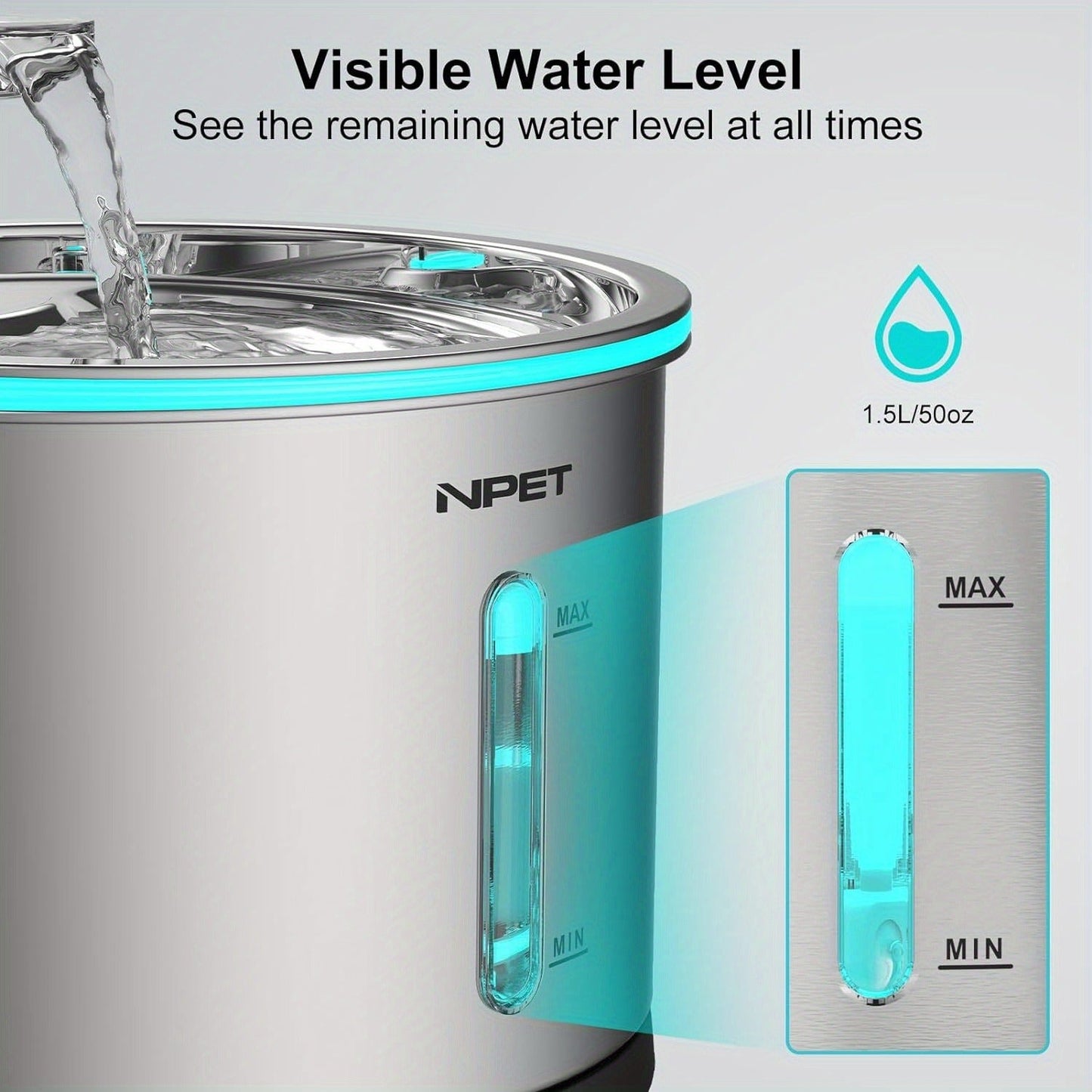 Cat Water Fountain Stainless Steel 50oz/1.5L - Ultra Quiet Auto Pet Water Dispenser with LED Light, Visible Window & Dishwasher Safe - Includes Replacement Filters for Cats & Dogs Indoor
