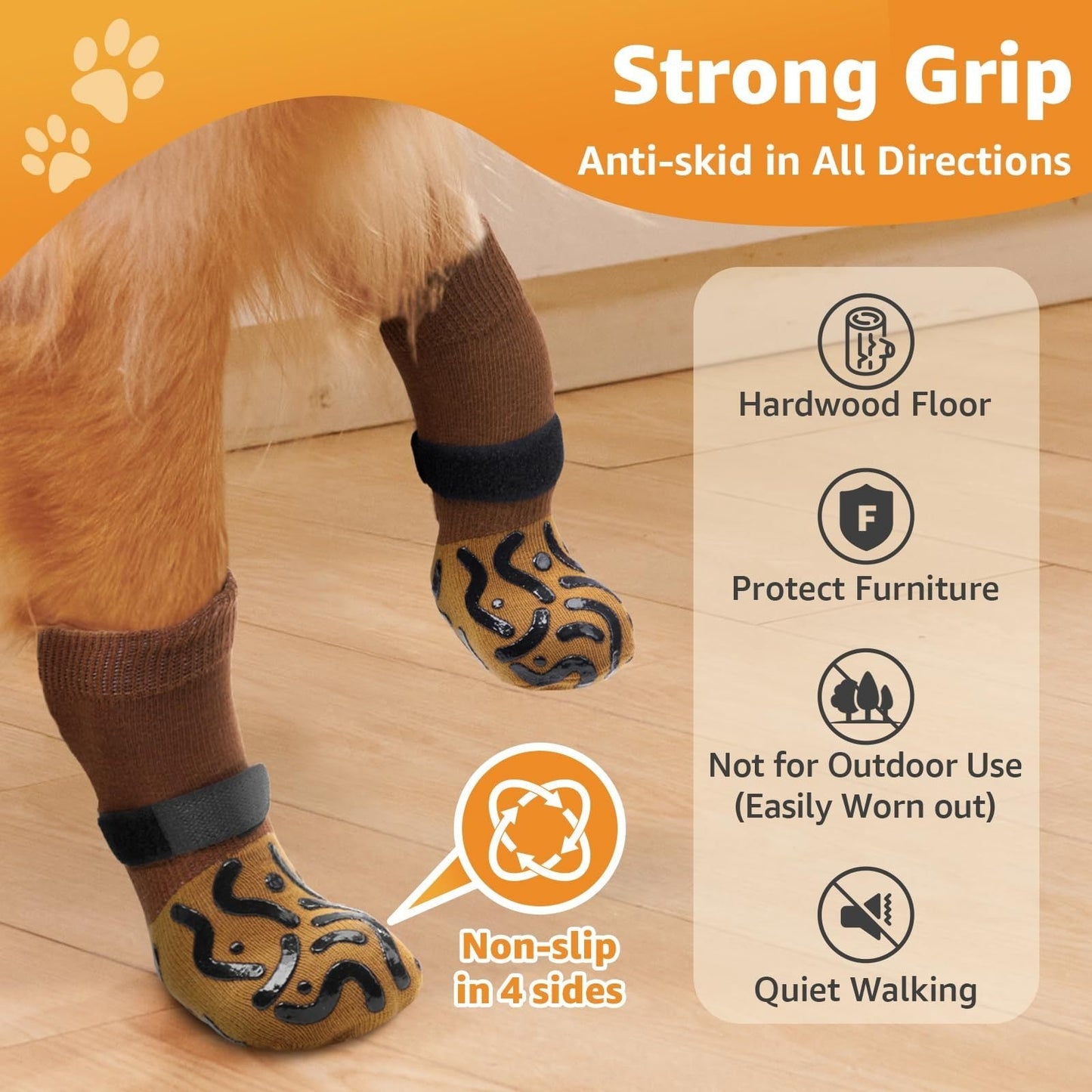 Non-Slip Dog Socks Double-Sided Grip Paw Protector with Adjustable Straps – Anti-Lick Dog Booties for Hardwood Floors, Senior Dogs & Injury Recovery, Sizes XS to L, Set of 4