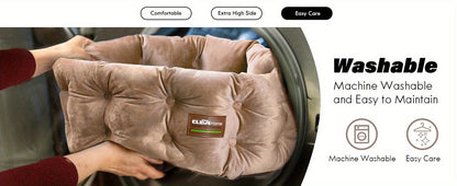 Cat Bed Round Deep Nest for Indoor Cats up to 15lbs, Luxurious Velvet Feel Extra High Sides, Machine Washable Non-Slip Bottom, Cozy Donut Cat Bed 20x20 in Steel Blue & Warm Beige