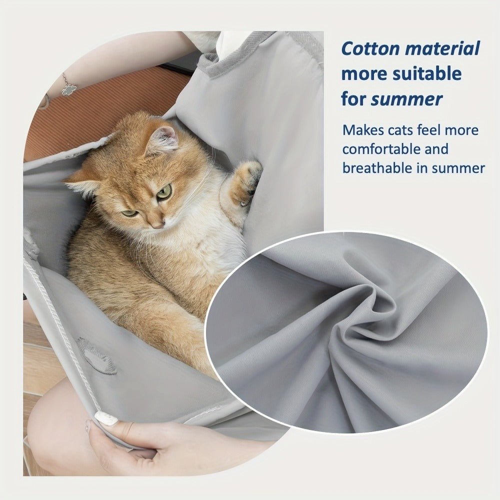 Cat Grooming Apron Restraint Bag with 4 Fixed Holes – Breathable Anti-Scratch Cat Bathing Bag for Nail Trimming, Ear Cleaning & Grooming, Portable Cat Care Wrap for Home & Vet Use
